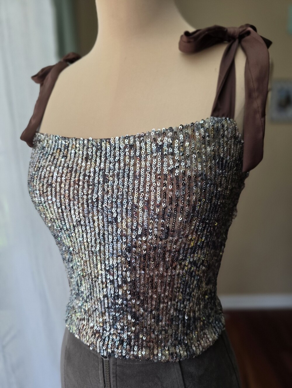 Intimately Free People Sequin Mesh Tank Top Bow Tie Straps Brown Y2K Party XS